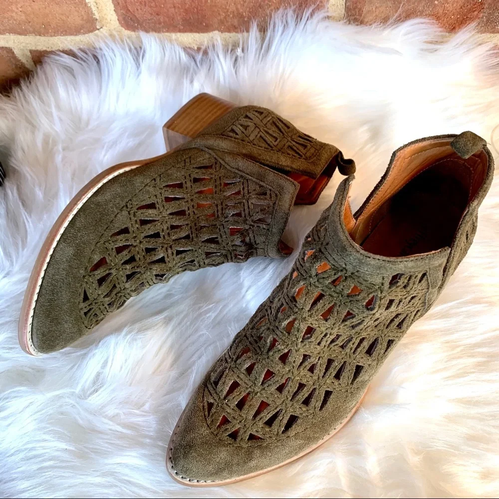 JEFFREY CAMPBELL Coastal Cowgirl Western Sagat Laser Cut Olive Suede Boots, 8.5